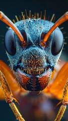 Extreme macro close-up of an ant's head, revealing intricate details of its compound eyes, antennae, and textured exoskeleton.