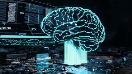 A digitally rendered brain hologram is prominently displayed against an intricate backdrop of circuit board patterns, symbolizing advanced artificial intelligence technology and neural networks in a f - Powered by Adobe