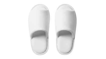 Pair of soft terry cloth hotel slippers isolated PNG, comfortable footwear for spa and relaxation on transparent background