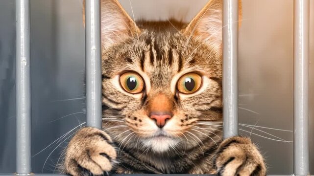 Imprisoned Feline: A captivating cat gazes intensely through cage bars, its wide eyes filled with a mixture of curiosity and longing. Captured in the embrace of daylight.