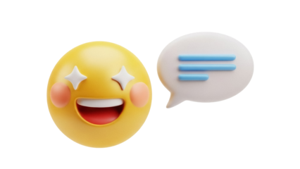 Smiling face with star eyes and speech bubble PNG isolated on transparent background, emoji with happy expression for social media and design