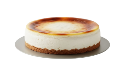 Delicious Basque burnt cheesecake isolated PNG, creamy dessert with caramelized top on a plate for restaurant menu and food blog