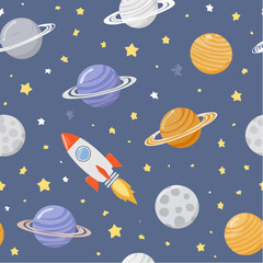 Seamless Outer Space Pattern with Cartoon Planets, Stars and Rocket Illustration
