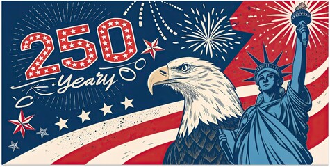 American independence anniversary poster with bald eagle statue of liberty and fireworks.