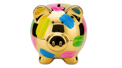 Golden piggy bank with colorful brush strokes isolated PNG, savings and investment concept for financial planning and money management