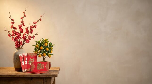 Lunar New Year Still Life with Red Envelopes, Blossoms and Kumquat Tree