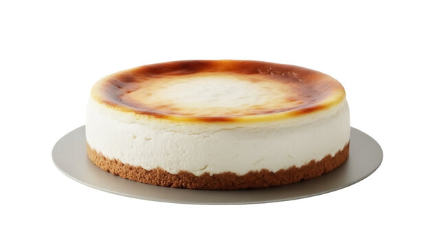 Delicious Basque burnt cheesecake isolated PNG, creamy dessert with caramelized top on a plate for restaurant menu and food blog
