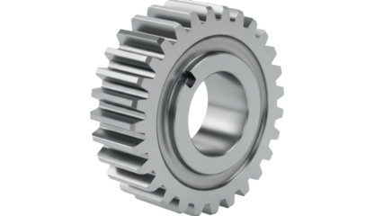 Metal gear wheel isolated PNG on transparent background, cogwheel component for mechanical engineering and industrial design projects