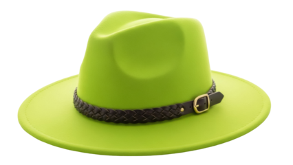 Stylish chartreuse fedora hat with brown braided band isolated PNG, fashionable headwear for sun protection and outdoor adventures
