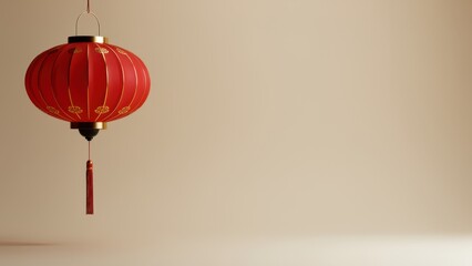 Obraz premium Single red Chinese lantern with gold pattern on a minimal beige background