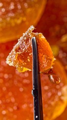 Close-up of a golden amber cannabis concentrate, possibly shatter or sugar wax, held by a dab tool, with a glistening drop of oil.