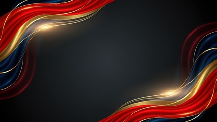 Elegant abstract background with flowing red, blue, and gold satin waves forming a frame