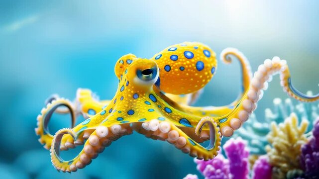 Oceanic Marvel: A Blue-Ringed Octopus Dances through the Coral Realm, showcasing the mesmerizing beauty and vibrant patterns of marine life.