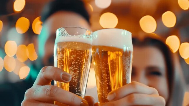 Cheers to Connection: A candid moment of togetherness unfolds as two people clink glasses of frothy beer in a warm, inviting setting, radiating joy and camaraderie. 
