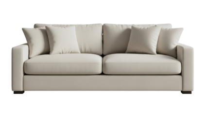 Elegant beige sofa with pillows isolated PNG, modern couch for living room furniture and interior design projects on transparent background