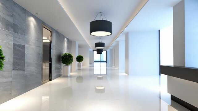 Contemporary Corridor: An expansive, light-filled corridor, offering a study in minimalist elegance, is characterized by its sleek lines, polished surfaces.