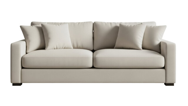 Elegant beige sofa with pillows isolated PNG, modern couch for living room furniture and interior design projects on transparent background