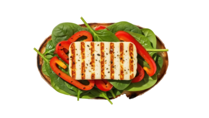 Grilled halloumi cheese on toast isolated PNG, with spinach and red bell pepper slices on transparent background, healthy vegetarian appetizer