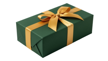 Rectangular dark green gift box with golden ribbon isolated PNG, present wrapped for Christmas or birthday on transparent background