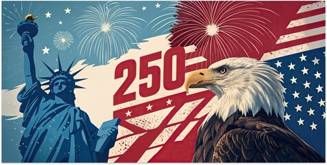 American independence anniversary poster with bald eagle statue of liberty and fireworks. © Feoktistova