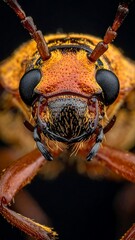 Macro shot of an orange and black insect's head with prominent eyes and antennae.