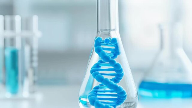 DNA Helix in Lab Glassware: A striking visual of a detailed DNA helix model encased in scientific laboratory glassware, representing cutting-edge science and genetic research.