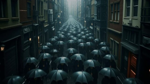 Unique individual with a scarlet umbrella among a crowd of conformity. Standing out in a dark, rainy alley