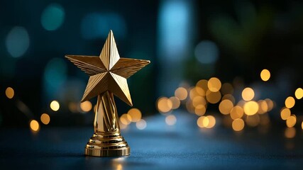 Shiny golden star trophy standing prominently faceless achievement symbol defocused dark blue surface with glittering bokeh lights background corporate recognition employee app