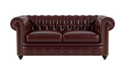 Elegant burgundy leather chesterfield sofa isolated PNG, luxurious tufted couch with nailhead trim for living room and interior design