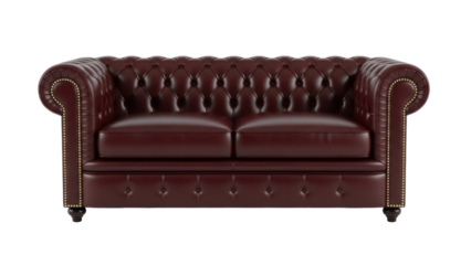 Elegant burgundy leather chesterfield sofa isolated PNG, luxurious tufted couch with nailhead trim for living room and interior design