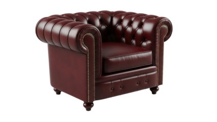 Elegant burgundy leather armchair isolated PNG, classic Chesterfield style furniture for living room or study on transparent background