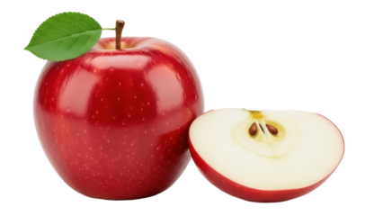 Shiny red apple with green leaf and slice isolated PNG, fresh fruit for healthy eating and cooking on transparent background
