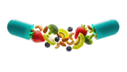 Open capsule with healthy food isolated PNG, nutritional supplement with fruits, vegetables and nuts for diet, vitamins and balanced nutrition on transparent background