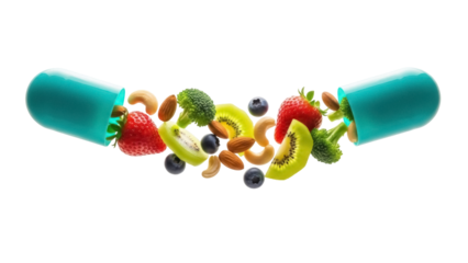 Open capsule with healthy food isolated PNG, nutritional supplement with fruits, vegetables and nuts for diet, vitamins and balanced nutrition on transparent background