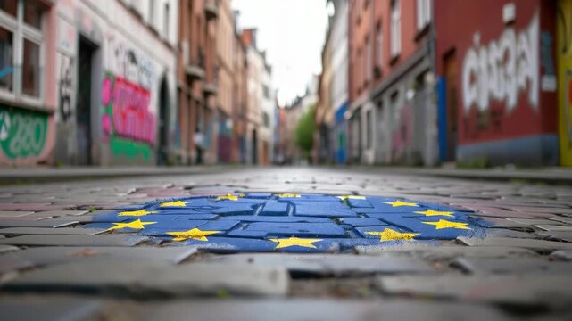 European Union Symbol in Street: Close-up of a cobblestone street, highlighting the European Union symbol, symbolizing unity and cooperation.