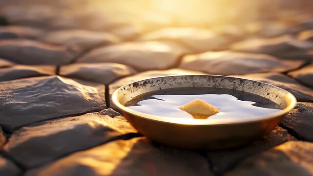 Simplicity of Life: A minimalist composition featuring a small bowl of water and a single item, resting atop rugged stones, radiating a sense of serenity and introspection.