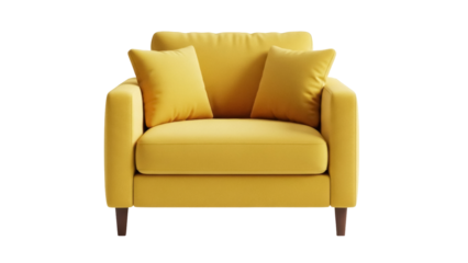 Yellow armchair with pillows isolated PNG, modern living room furniture on transparent background for interior design and home decor