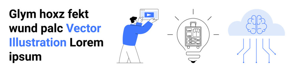 Person holding a screen with media player, light bulb with gear diagram, cloud with brain and circuits. Ideal for innovation, technology, e-learning, AI, brainstorming, creativity simple landing © robu_s