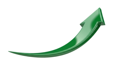 Green curved arrow pointing up isolated PNG, growth and success concept for business presentations and web design projects on transparent background