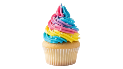 Delicious cupcake with colorful frosting isolated PNG, sweet treat with star sprinkles on transparent background for party and celebration