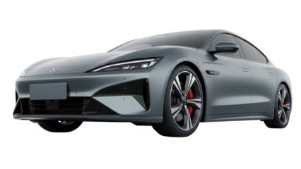 Sleek blue electric car isolated PNG on transparent background, modern vehicle for sustainable transportation and eco-friendly lifestyle