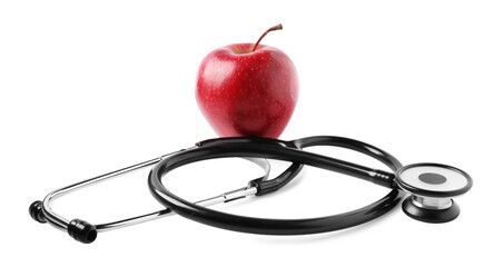 Ripe apple and stethoscope isolated on white