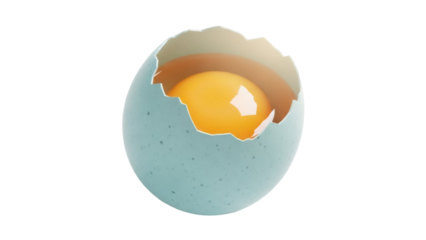 Cracked blue egg with yolk isolated PNG, broken shell on transparent background for Easter and food design projects
