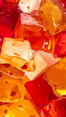 Vibrant close-up of translucent red, orange, and yellow jelly cubes with a glossy, wobbly texture.