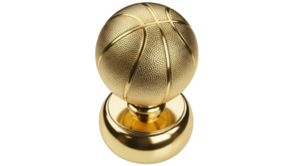 Golden basketball trophy isolated PNG, shiny sport award for winning team and championship celebration on transparent background