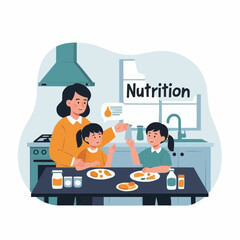 Mother educating children about healthy nutrition and balanced eating concept during mealtime in a modern kitchen