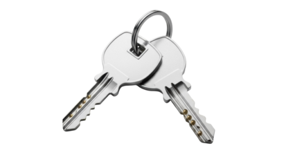 Two silver keys with ring isolated on transparent background PNG, security and access concept for design projects and presentations