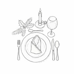 Elegant Christmas dinner table setting with festive holly and candlelight for holiday celebration concept and fine dining illustration