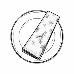 Christmas dinner plate and folded napkin with holly and snowflake decoration for a festive holiday table setting concept, elegant line art drawing