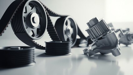 Automotive parts and pulleys on a white surface